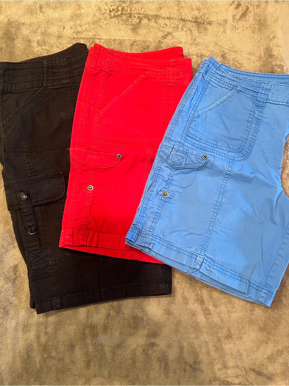 Khakis & Co Women’s Cargo Shorts -3 Pair - Red , Blue and Black Utility Shorts